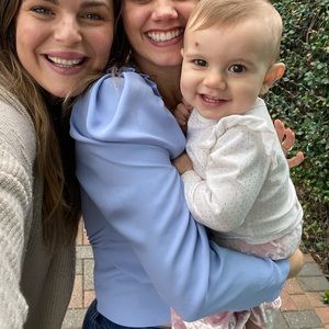 Small blue express crop top with frilly shoulder